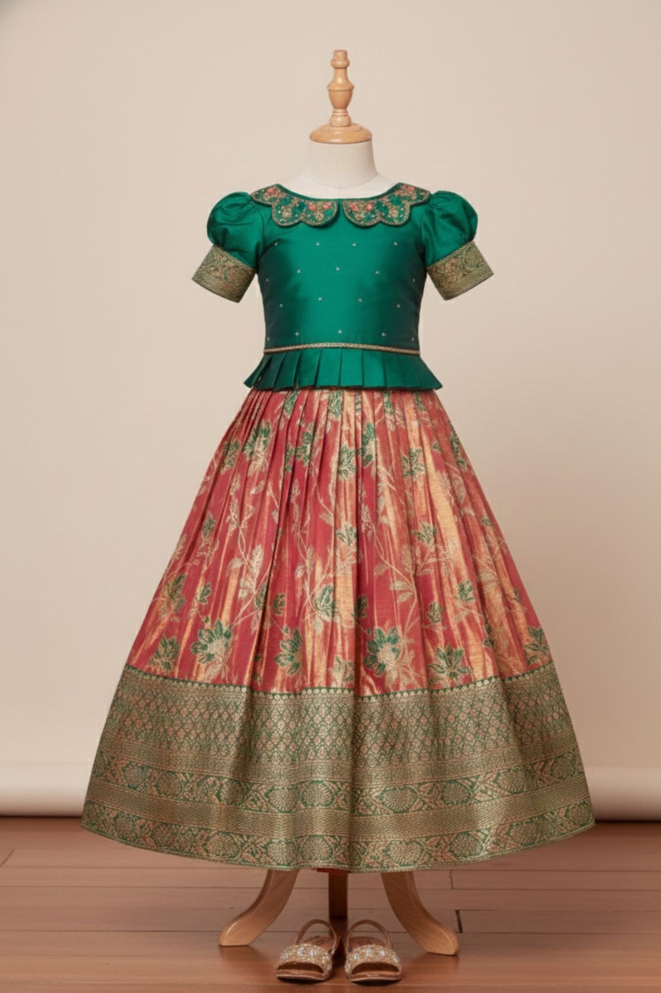 Green & Peach Banarasi Tissue Silk Pattu Pavadai Set with Embroidered Collar For Girls