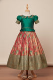 Green & Peach Banarasi Tissue Silk Pattu Pavadai Set with Embroidered Collar For Girls