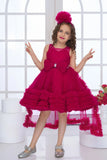 Cherry Red High-Low Tulle Party Frock with Oversized Bow For Girls