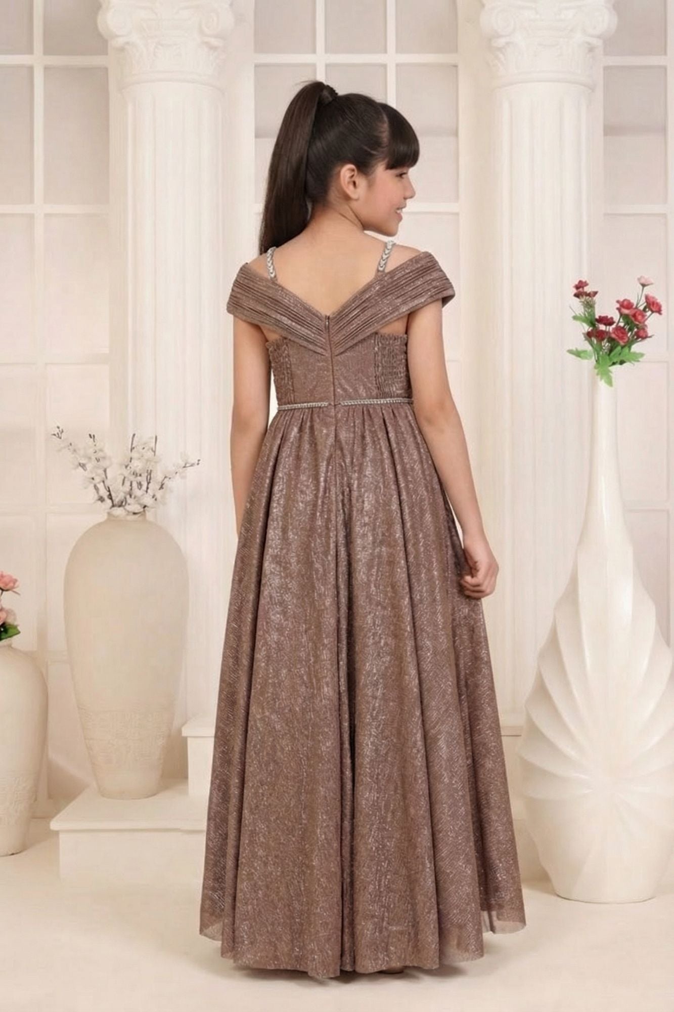 Fawn Shimmer Off-Shoulder Party Gown for Girls
