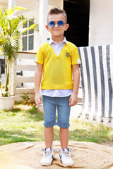 Yellow V-Neck Tee And Denim Shorts With White Shirt Set For Boys