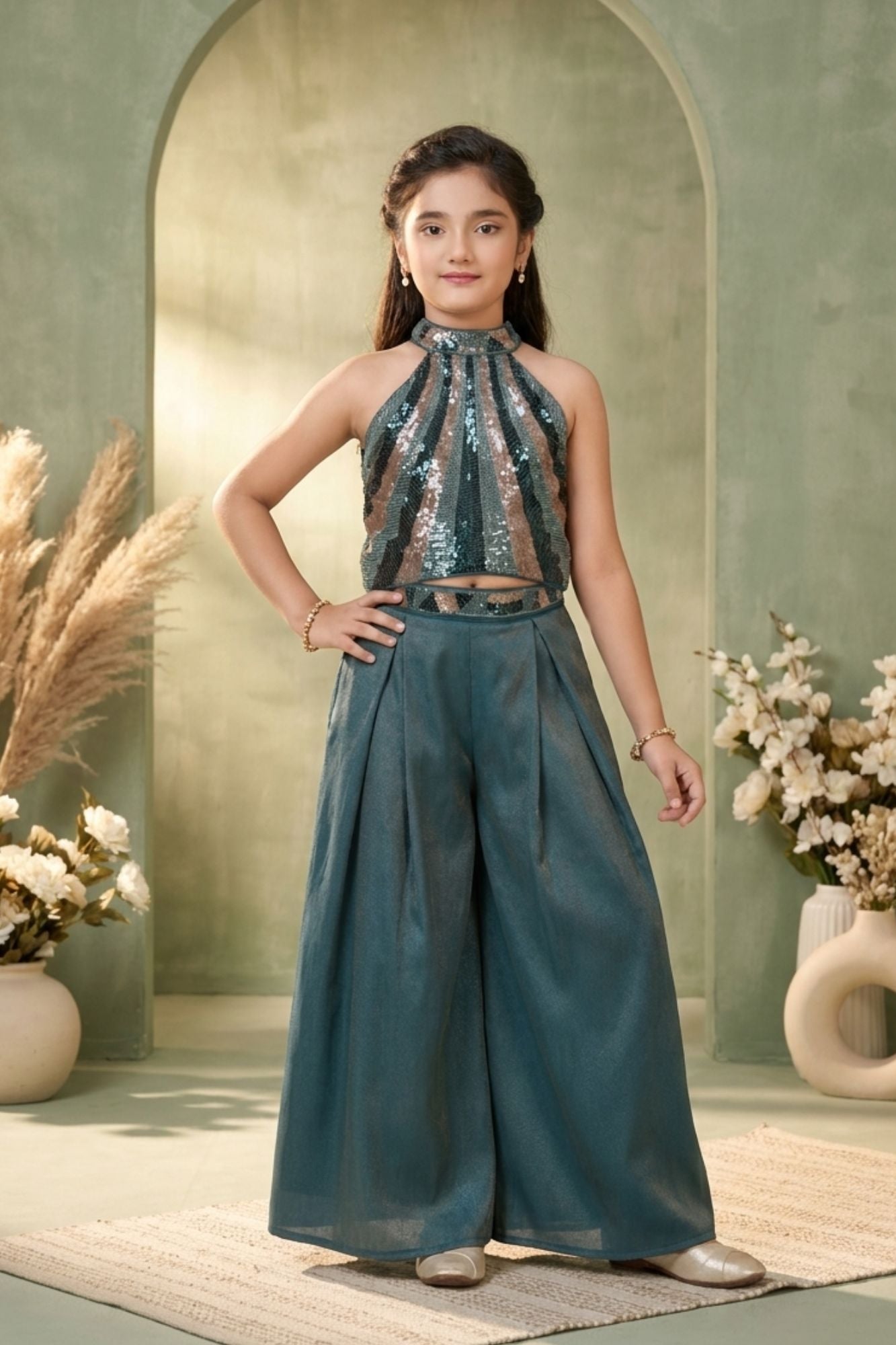 Girls Teal Blue Sequin Halter Crop Top with Palazzo Set