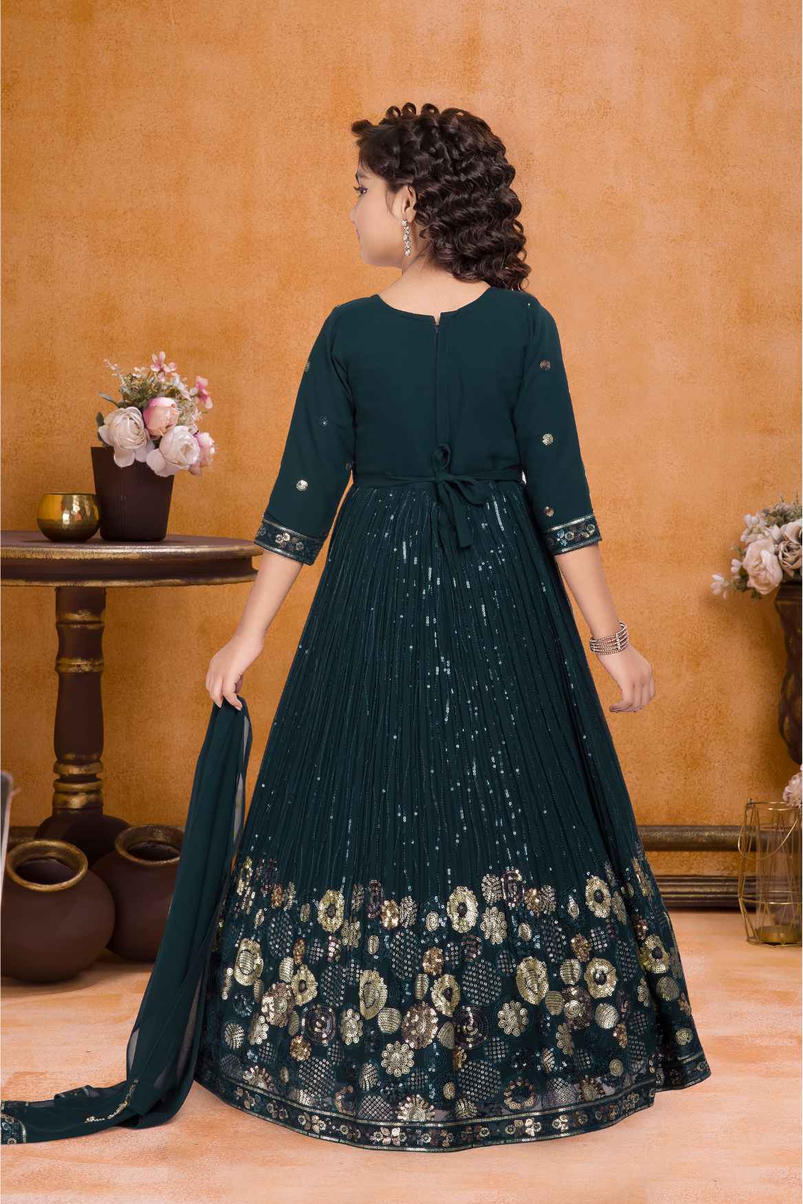 Classic Navy Blue Sequins Embroidery Ethnic Gown For Girl