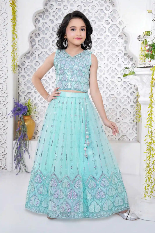 Sea Green Embroidered Lehenga Choli with Sequin Detailing For Girls