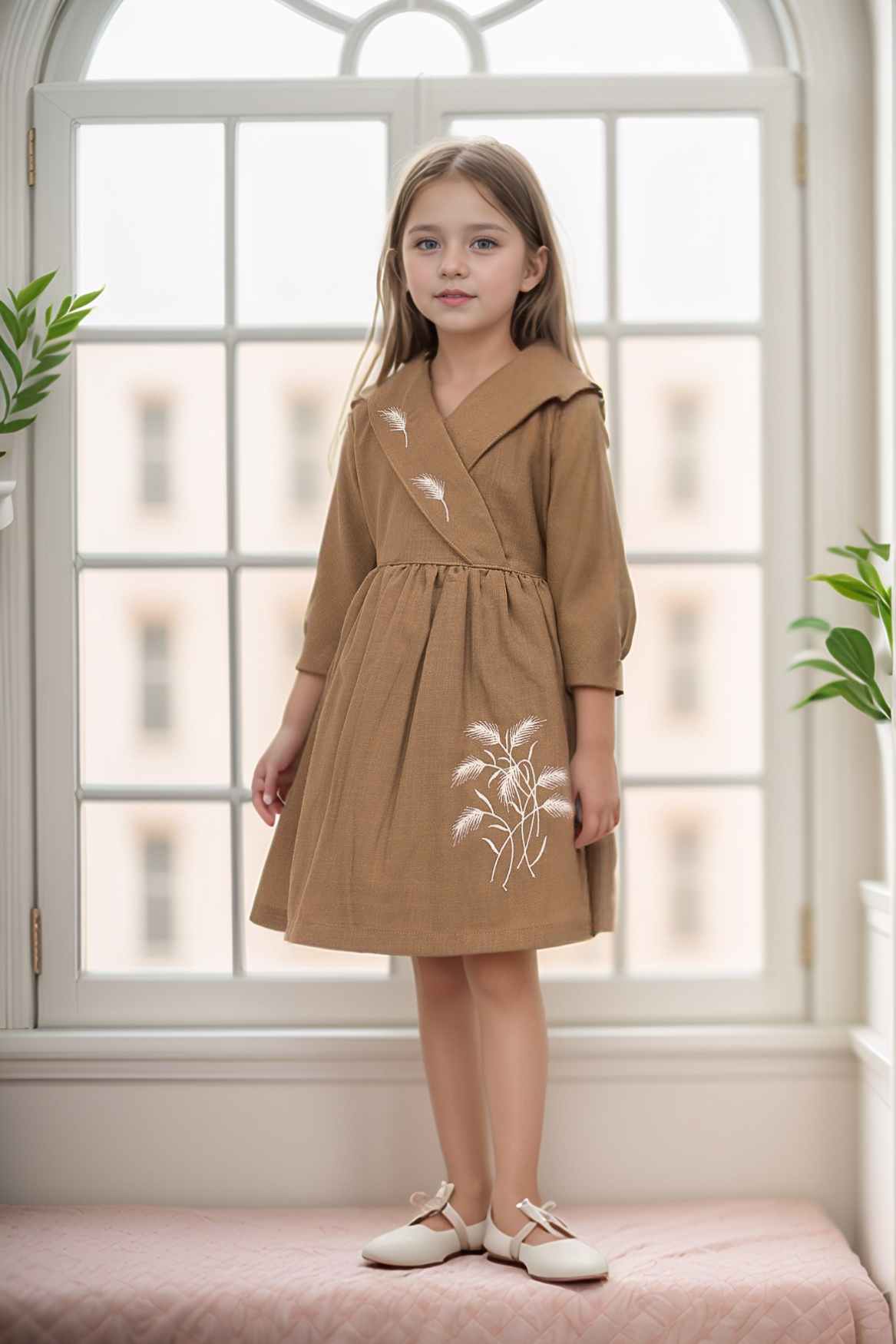 Brown Printed Cotton Casual Dress For Girls