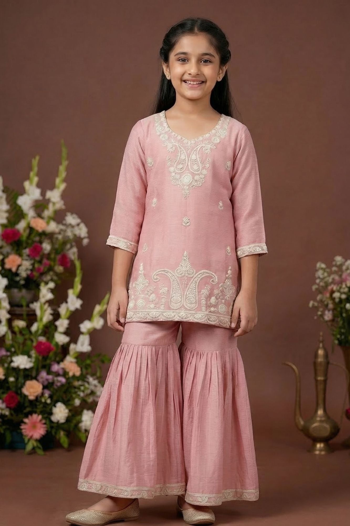 Dusty Pink Embroidered Sharara Set For Girls