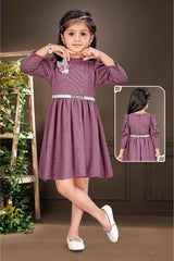 Purple Casual Frock With Waist Belt For Girls