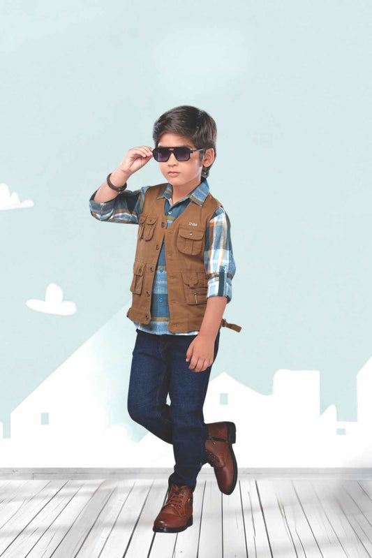 Brown Overcoat With Blue checks Shirt And Pant Set For Boys