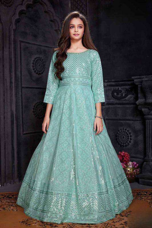 Mint Green Sequined Long Ethnic Gown For Girls