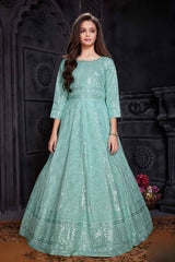 Mint Green Sequined Long Ethnic Gown For Girls