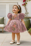 Mauve Puff Sleeve Embroidered Party Frock For Girls