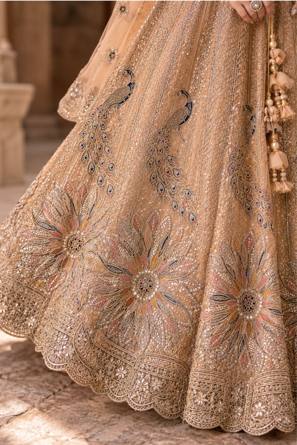 Peach Peacock And Floral Embroidered Lehenga Choli with Dupatta For Girls