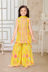 Mustard Sleeveless And Mirror Embroidery With Floral Printed Sharara Set For Girls