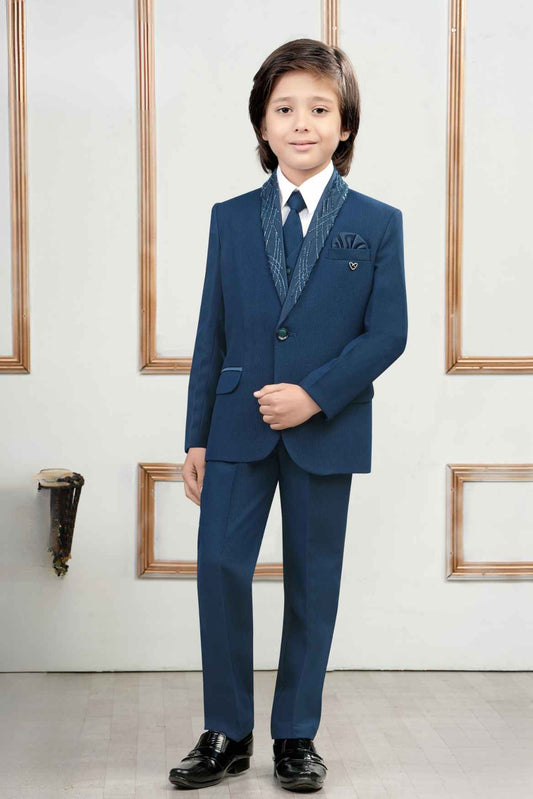 Teal Blue Bead Work Tuxedo With Pant And Waistcoat Set For Boys