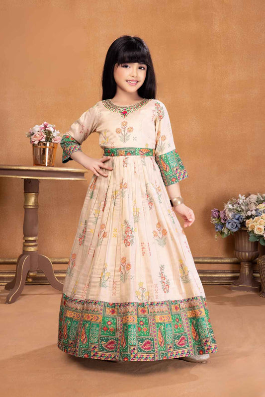 Designer Beige And Green Floral Printed Ethnic Gown With Multicolor Borders For Girls