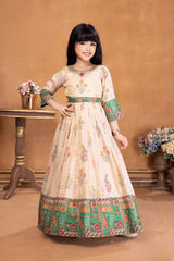 Designer Beige And Green Floral Printed Ethnic Gown With Multicolor Borders For Girls
