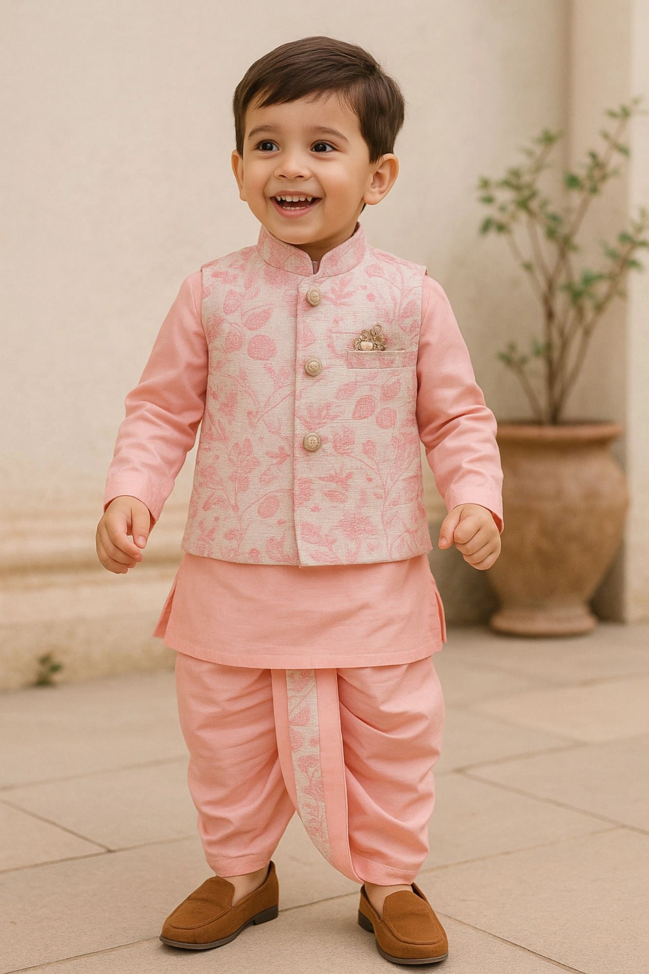 Baby Pink Dhoti Kurta Set With Sequins Embroidered Nehru Jacket For Boys