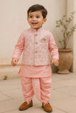 Baby Pink Dhoti Kurta Set With Sequins Embroidered Nehru Jacket For Boys
