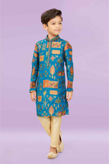 Teal Blue Kurta Set With Mirror Work And Printed For Boys