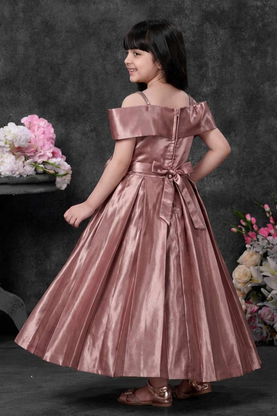Rose Gold Satin Party Wear Gown with Floral Appliqué For Girls