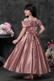 Rose Gold Satin Party Wear Gown with Floral Appliqué For Girls