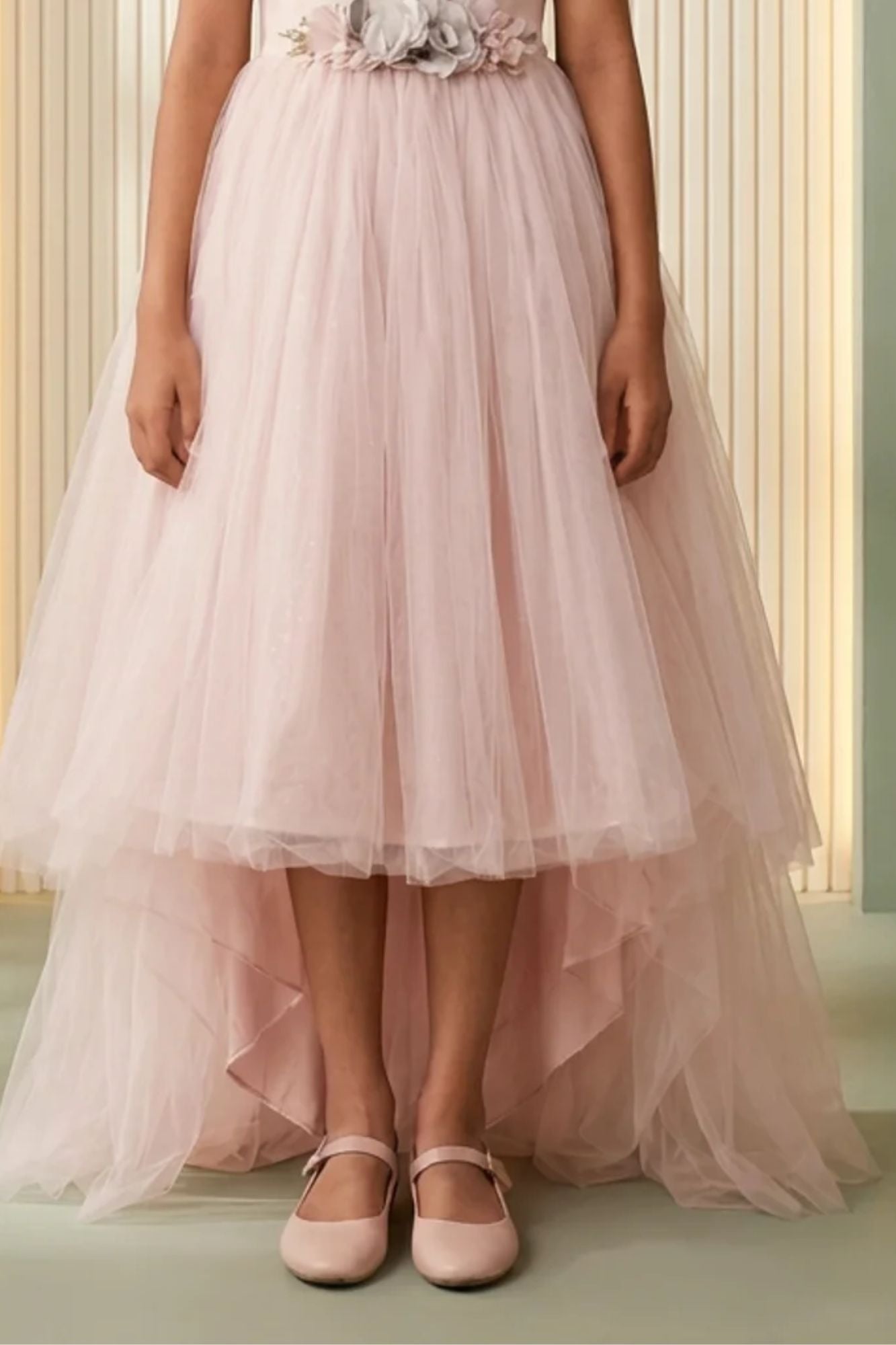 Girls Blush Peach Off Shoulder High Low Party Frock