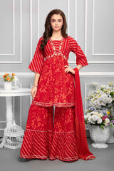 Red Printed And Embroidery Sharara Set For Girls