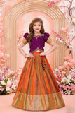 Purple And Rust Silk Pattu Pavadai with Puff Sleeves For Girls