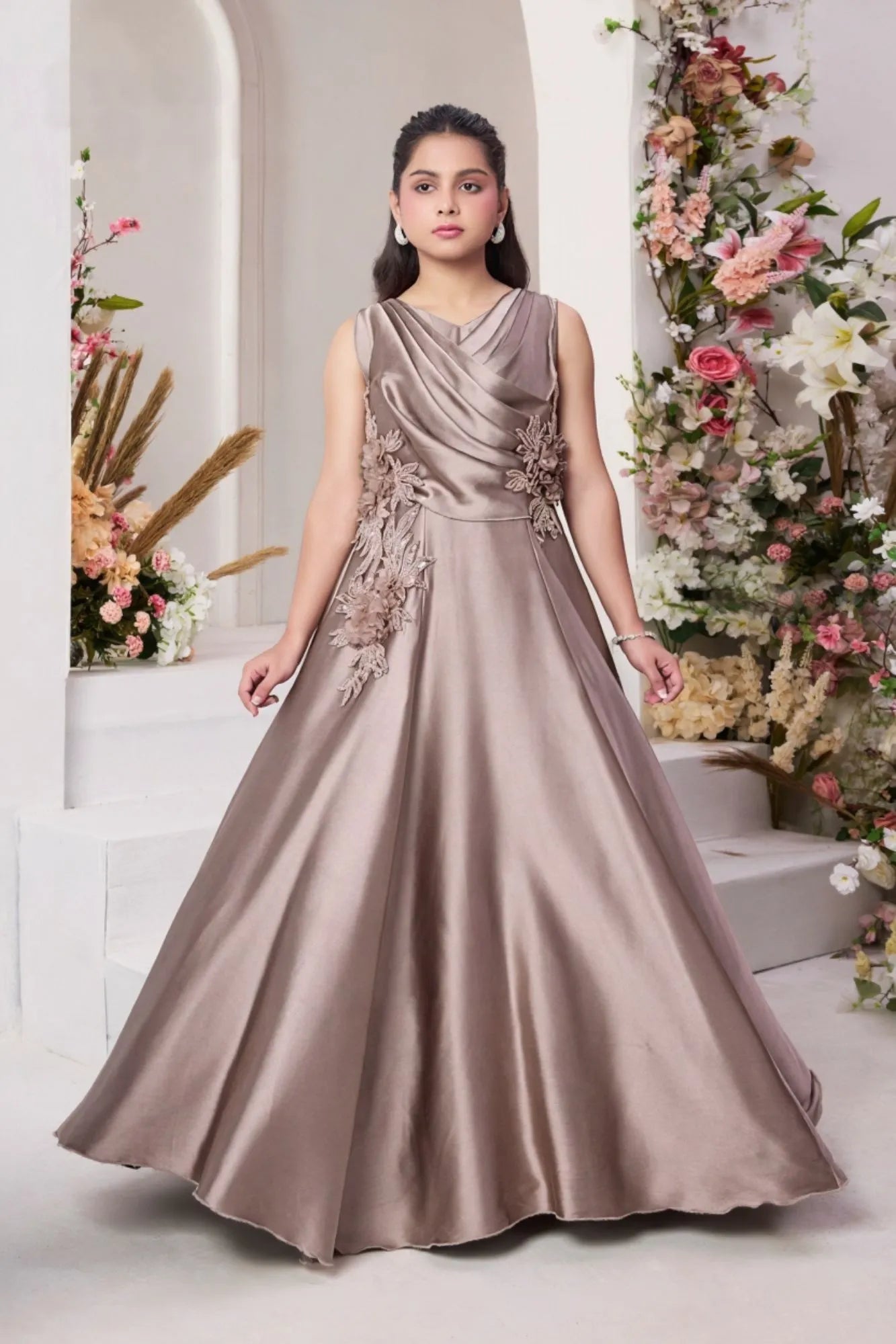 Gold Gown with Draped Bodice and 3D Floral Appliqué Embroidery For Girls