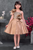 Gold Party Wear Frock With Sequin Bodice And 3D Floral Appliqué For Girls