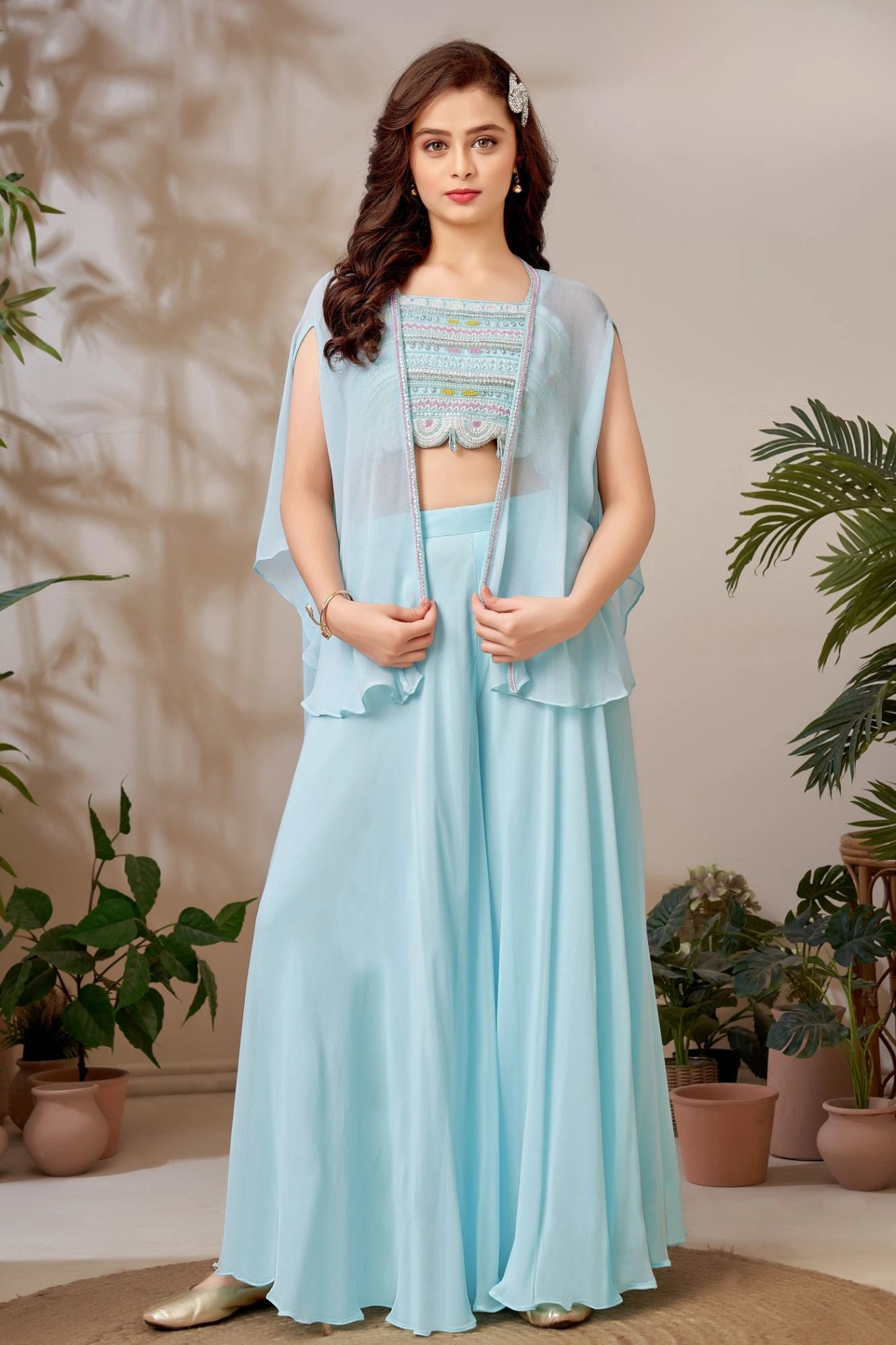 Powder Blue Embroidered Cape Style Palazzo Set