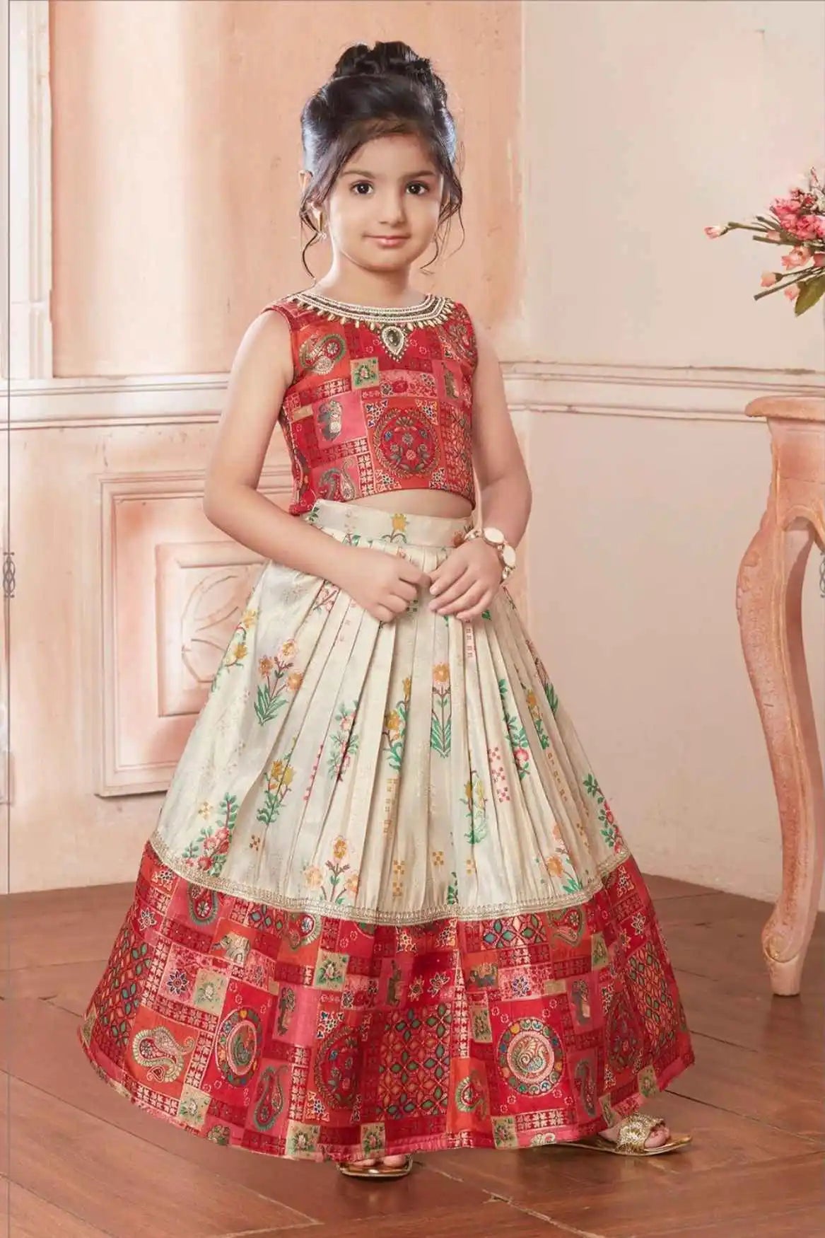 Cream And Rani Pink Print And Traditional Patchwork Lehenga Choli For Girls