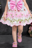 White Party Frock With Pink Embroidered Floral And Oversized Satin Bow