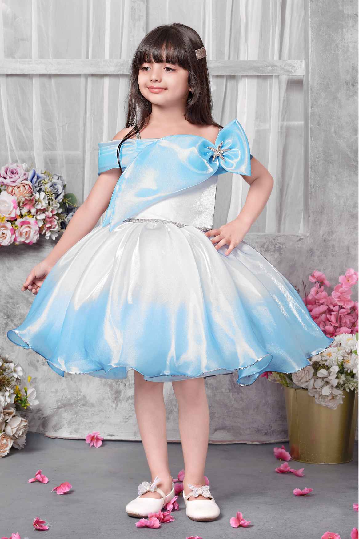 Blue And White Off-Shoulder Party Frock For Girls