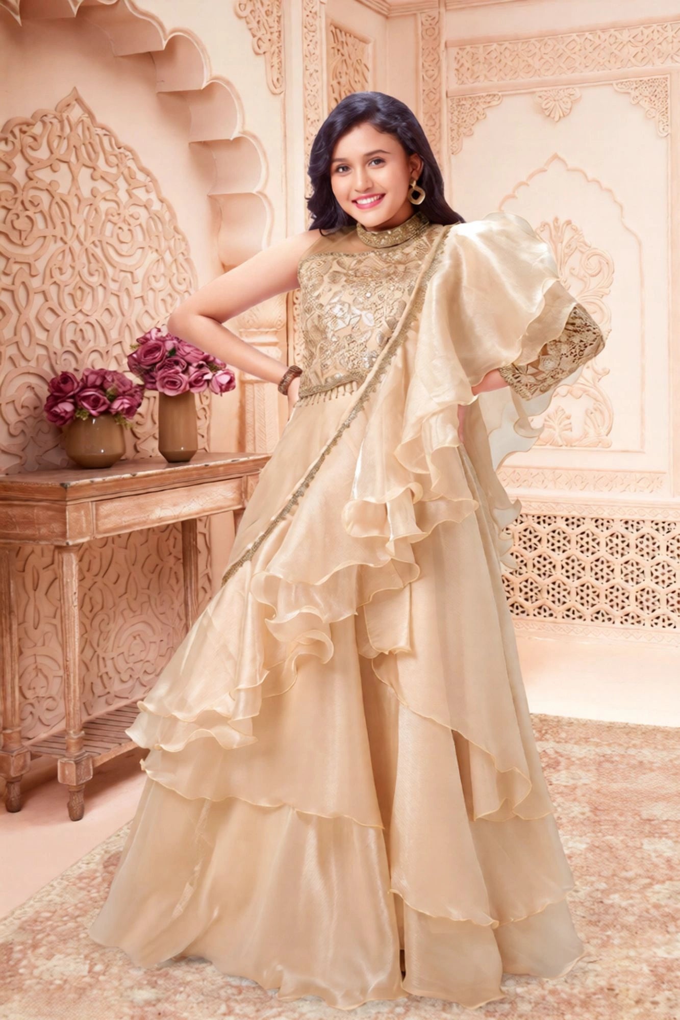 Beige Ruffle Layered Lehenga Choli with Embroidered Ruffled Dupatta For Girls
