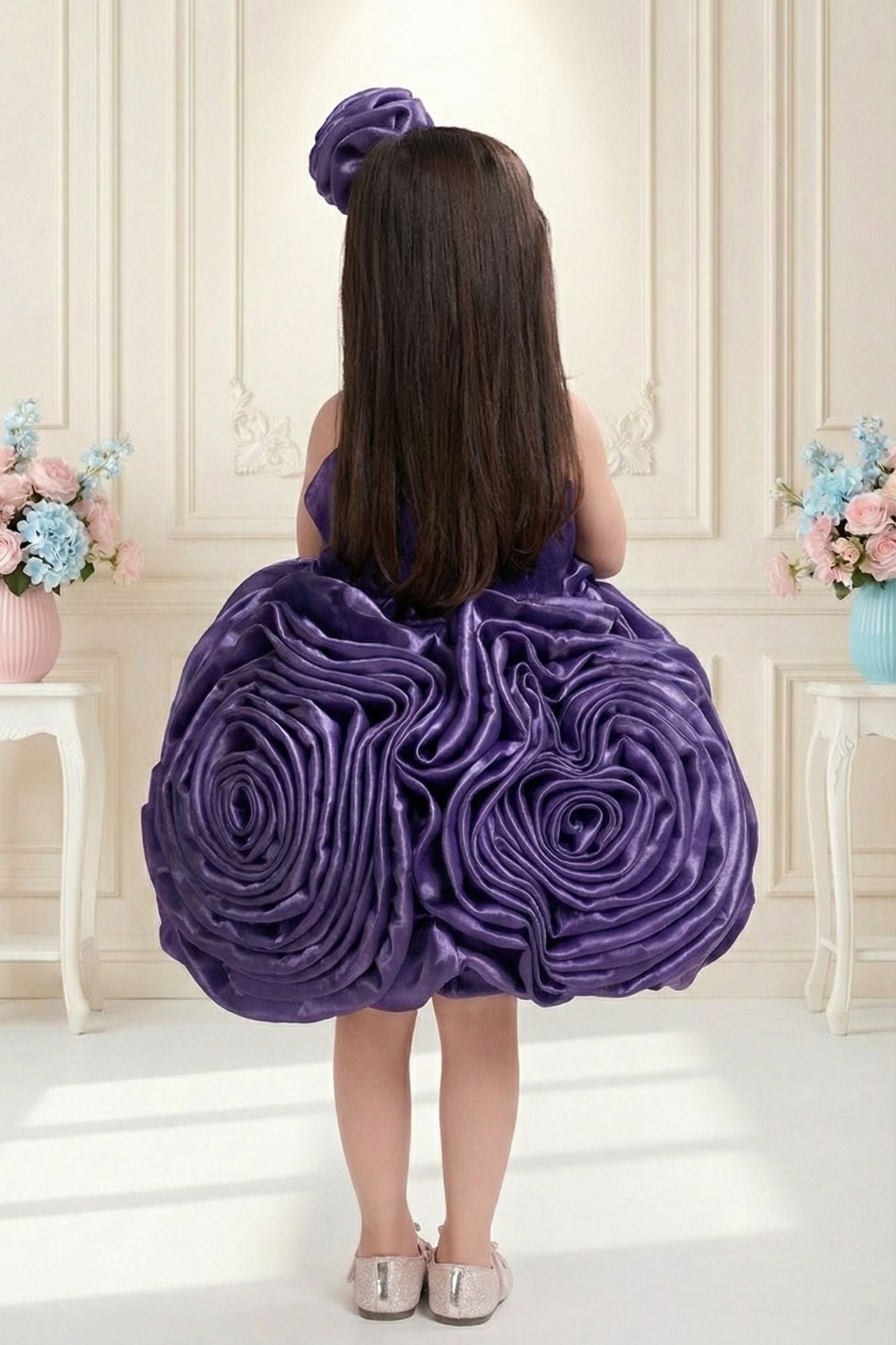 Royal Purple 3D Rosette Appliqué Party Wear  Frock For Girls