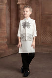 White Kurta Set with Black Printed Jacket & Black Pajama For Boys