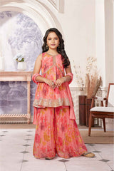 Peach Sleeveless And Sequins Embroidery With Floral Printed Sharara Set For Girls