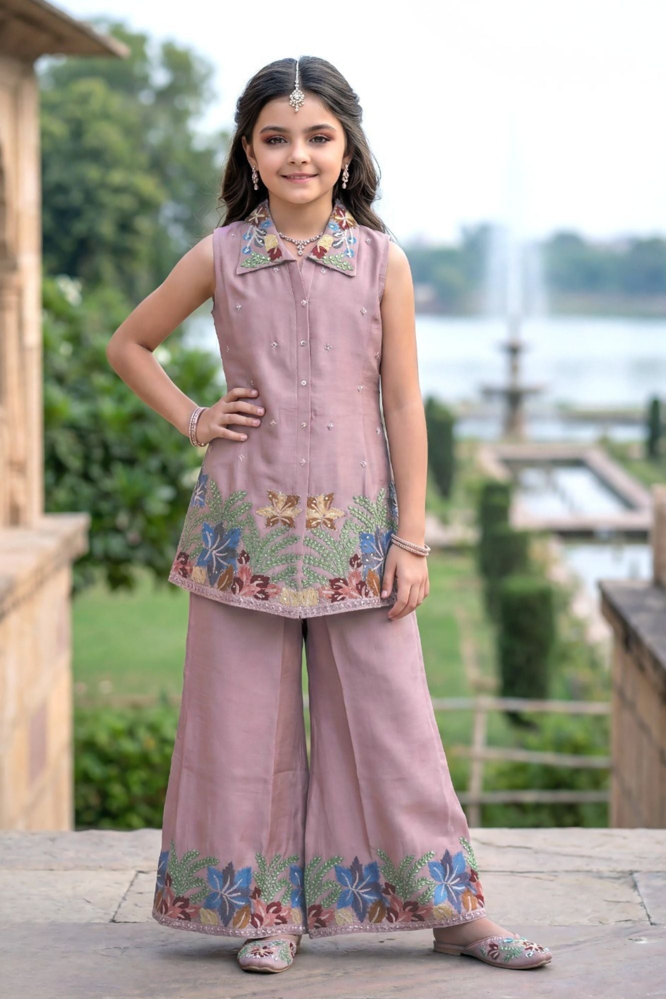 Pink Floral Embroidered Plazzo Set For Girls