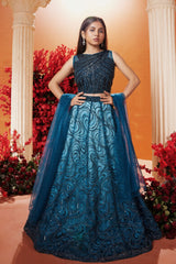 Peacock Blue Sequin Embellished Lehenga Choli Set For Girls