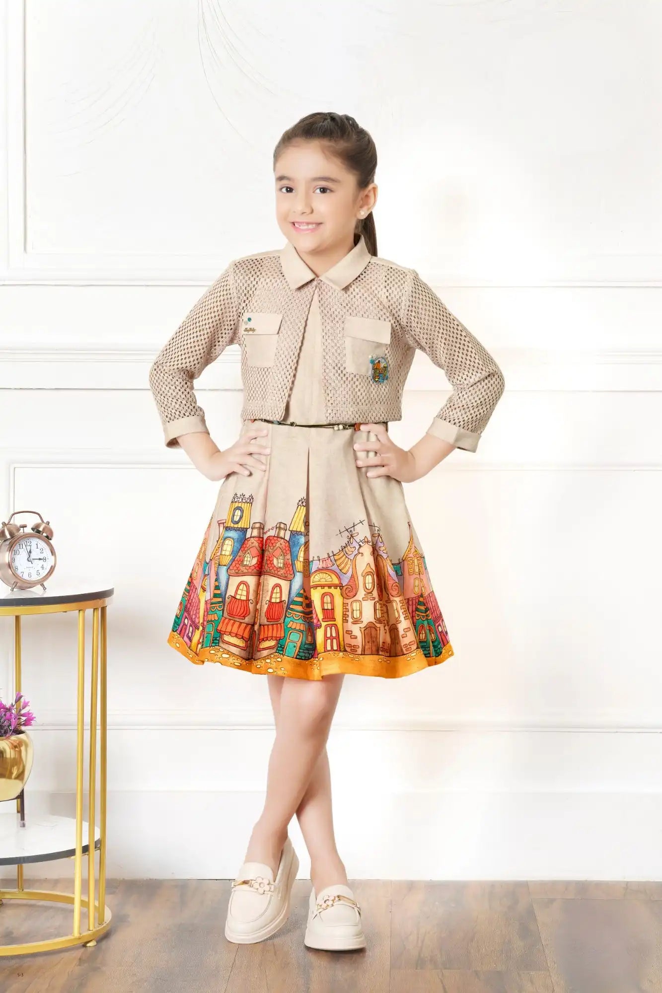 Dreamy Cream Cityscape Dress for Girls