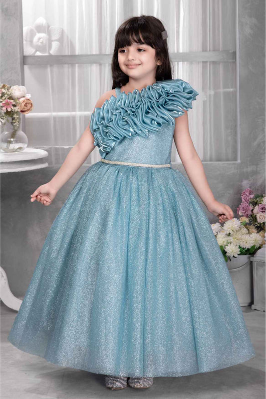 Blue Party Wear Gown With Stone Work Waist Band For Girls