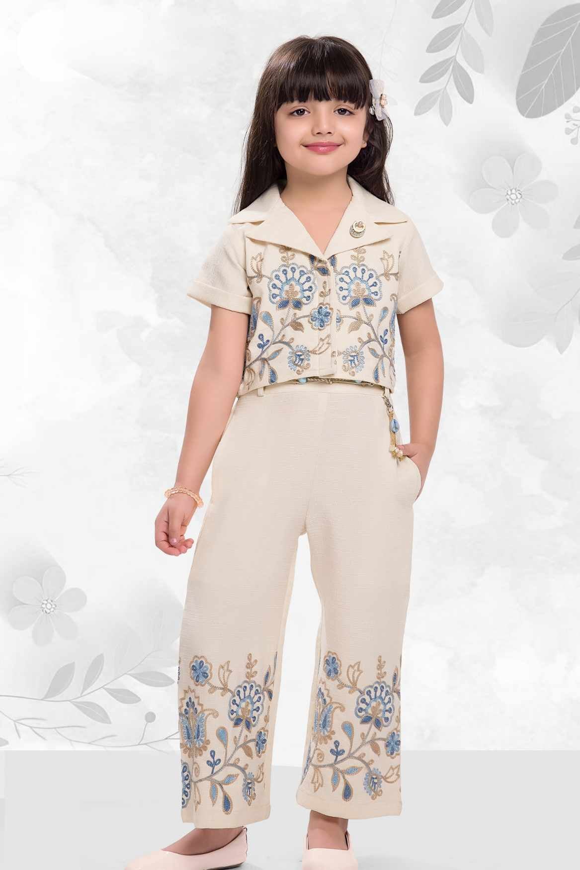 Beige Floral Embroidered Crop Top And Palazzo Set For Girls