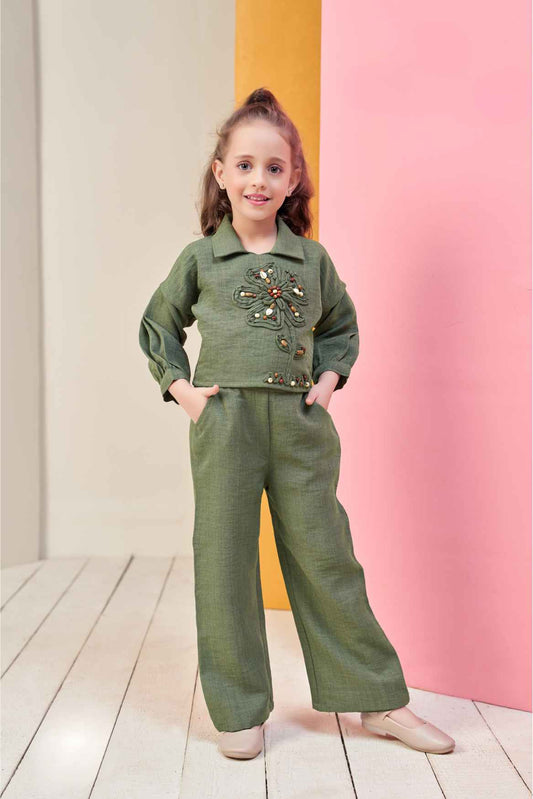 Green Calf Length Sleeves With Floral Embroidered Top And Pant Co-Ord Set For Girls