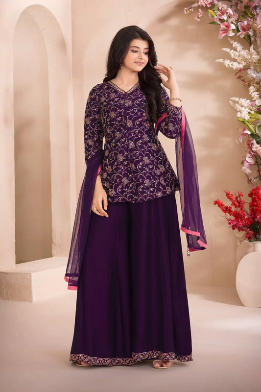 Wine Palazzo Set with Multicolor Floral Embroidered Top And Dupatta for Girls