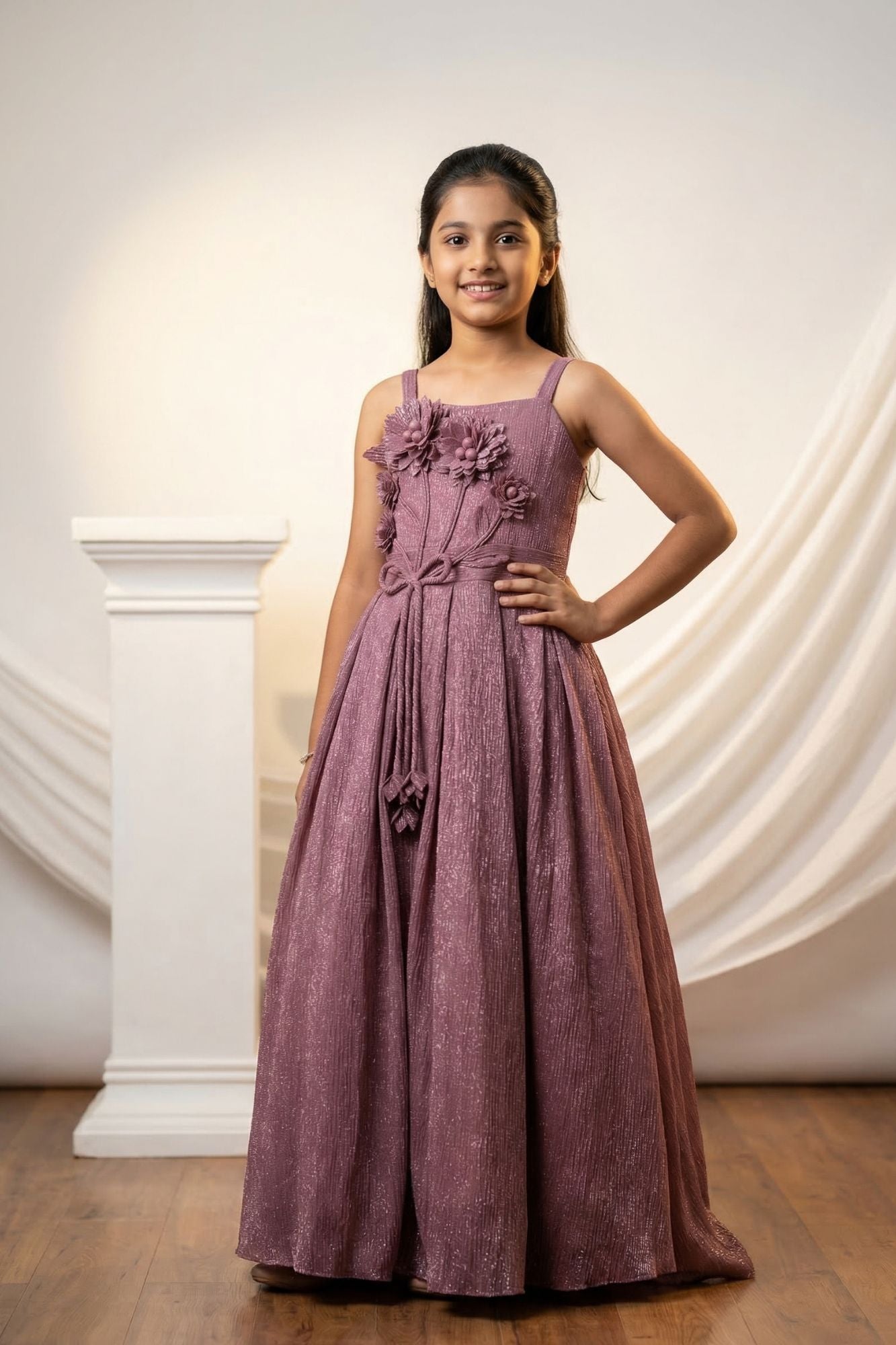 Mauve Shimmer Party Wear Gown with 3D Floral Appliqué For Girls
