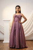 Mauve Shimmer Party Wear Gown with 3D Floral Appliqué For Girls