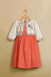 Orange & Ivory Embroidered Dress With Cropped Jacket For Girls