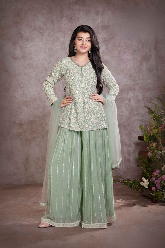 Designer Pista Green Sequined And Embroidered Palazzo Set For Girls