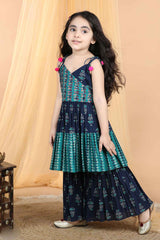 Navy Blue Sleeveless Printed Sharara Set For Girls